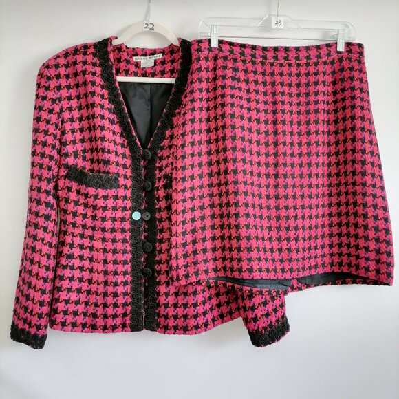Geary Roark Womens Pink Houndstooth Print Silk Jacket Skirt Set Outfits Size 14 - Picture 1 of 12